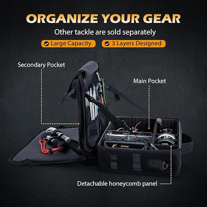 Goture Fishing Tackle Bag with Rod Straps & Removable Dividers, Water-Resistant 600D PVC, Water Bottle Pocket, 3-Layer Reel & Gear Storage Suitcase for Coarse, Black Fishing Bag