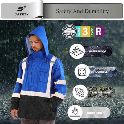 sesafety Hi Vis Rain Jacket, Rain Suits for Men Waterproof withBlack Bottom, Rain Coats for Men Interior Mesh, Class 3 HighVisibility Rain Gear,Removable Hood