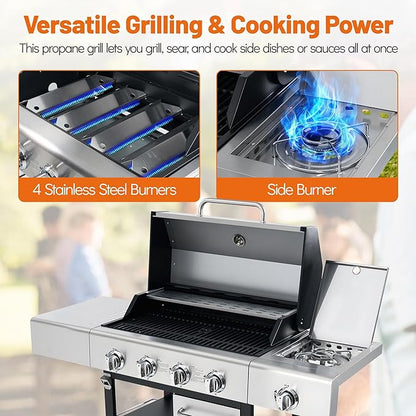 5-Burner Propane BBQ Grill with Side Burner, Each Main Burner 10,000 BTU, 50,000 BTU Total, Stainless Steel Outdoor Gas Grill, Porcelain Cast Iron Grates, Lockable Wheels for Backyard & Patio