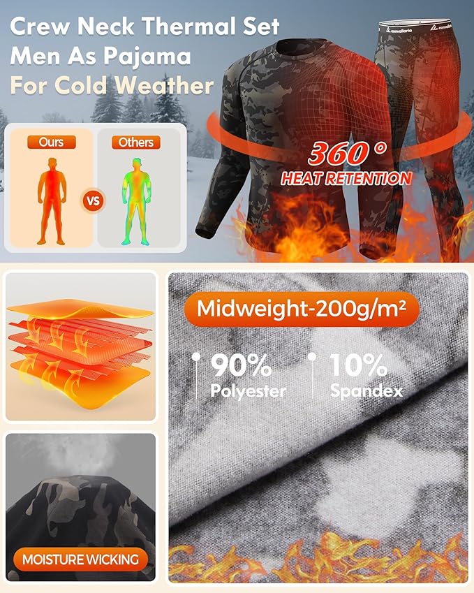 CL convallaria Thermal Underwear for Men Long Johns Fleece Lined Hunting Gear Set Base Layer for Cold Weather XS-4XL
