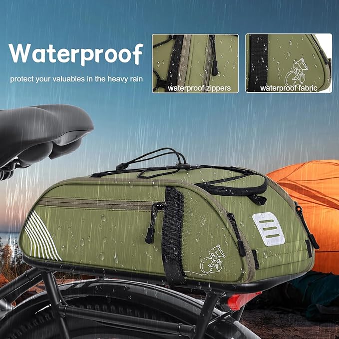 YEEGO DIRECT Bike Rack Bag, 14L Expandable Capacity Bike Bags for Bicycles Rear Rack,Water-resistant Bike Trunk Panniers Reflective Design, Crossbody Shoulder Bag for Commuting Outings(Green)