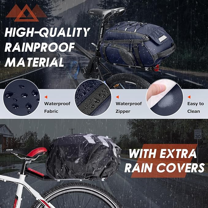 RAINSMORE Bike Bags for Bicycle Rear Rack 15L Waterproof Bike Ebike Trunk Pannier Saddle Bag with Rain Cover Bike Accessories Backpack Shoulder Bag for Commuter Travel Outdoor, Blue