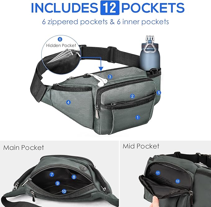 NOOLA Fanny Pack Waist Bag for Men Women, Lightweight Waist Pack with Water Bottle Holder, Adjustable Belt Bag with Multi-Pockets for Hiking, Dog Walking, Outdoor, Cycling, Running, Travel, Grey