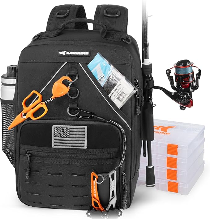 KastKing KarryAll Fishing Tackle Backpack with Rod Holder 4 Tackle Boxes,40/26L Tackle Bag Storage Fishing Gear and Equipment