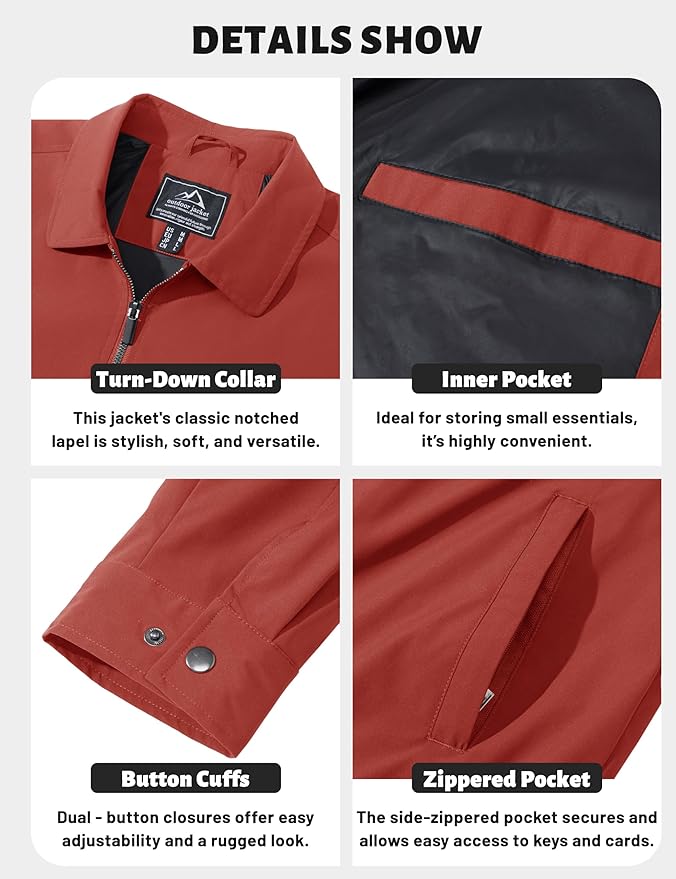 TACVASEN Mens Lightweight Windbreaker Full Zip Up Laydown Collar Jackets Light Casual Coat with Zip Pockets