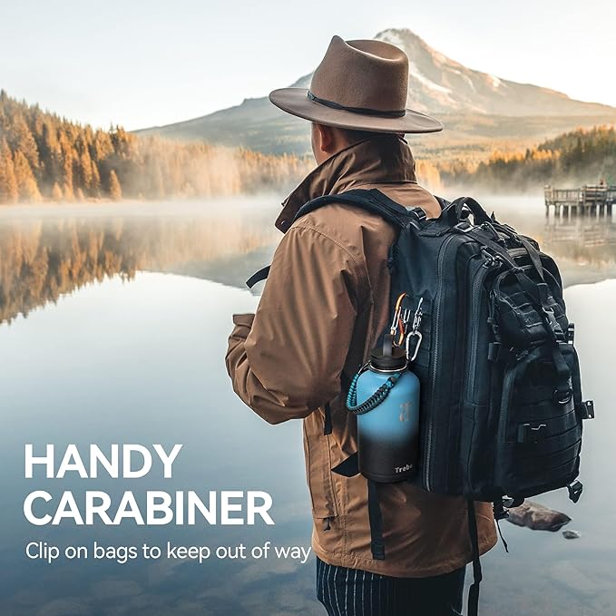 Trebo Water Bottle 64oz with Paracord Handle, Half Gallon Large Vacuum Double Wall Stainless Steel Insulated Water Jug with Holder Strap Straw Spout Lids, Leakproof Keep Cold & Hot, Indigo/Black