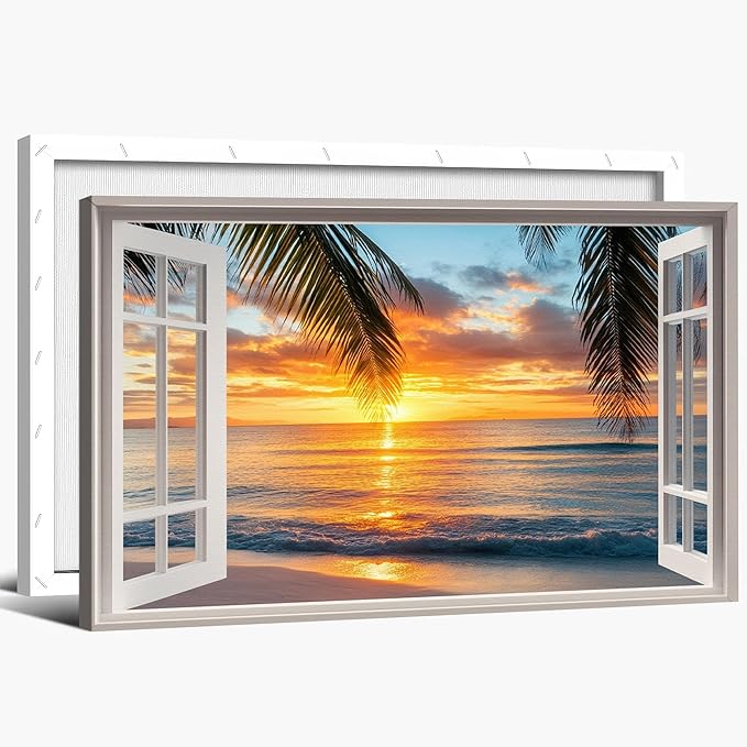 ANRUOXI Beach Picture Wall Art for Living Room, Ocean & Sunset Painting Decor for Bedroom, White Window Frame Style Sea Canvas Wall Decor, Summer Coastal Landscape Artwork for Home Office 24x36 Inch