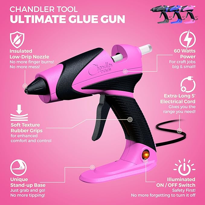Chandler Tool Full Size Hot Glue Gun And Sticks Set for Crafts and DIY Pistola De Silicona Caliente Inalambrica Complete Heavy Duty Hot Glue Gun Kit With 10 Jumbo Glue Sticks (Pink/Black)