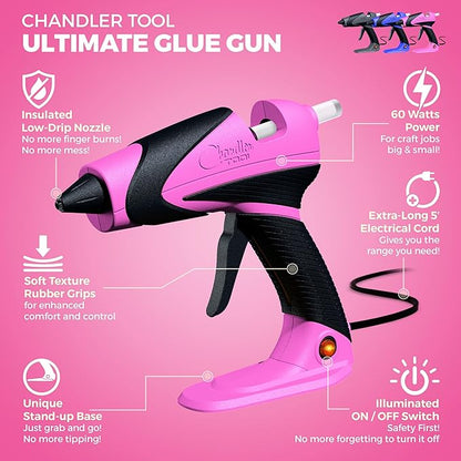 Chandler Tool Full Size Hot Glue Gun And Sticks Set for Crafts and DIY Pistola De Silicona Caliente Inalambrica Complete Heavy Duty Hot Glue Gun Kit With 10 Jumbo Glue Sticks (Pink/Black)