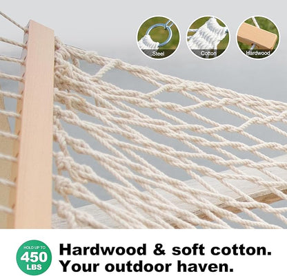 12ft Double Hammocks, Handwoven Traditional Cotton Rope Hammock with Hardwood Spreader Bar, Chains and Hooks for Indoor Outdoor, Max 450 lbs Capacity (Beige, Full)