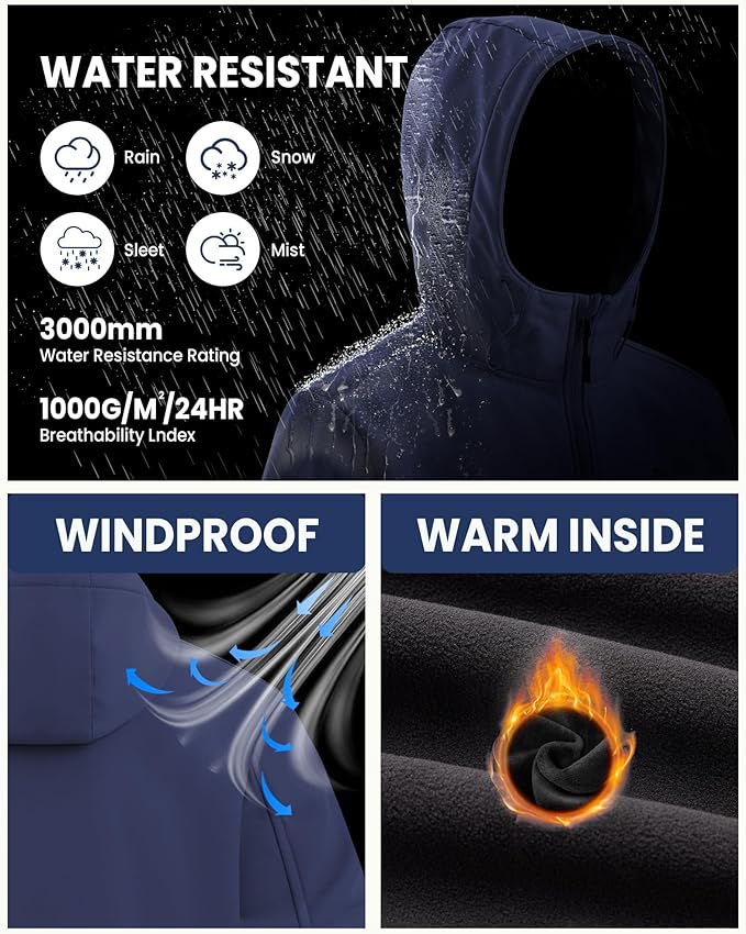 WULFUL Men's Lightweight Softshell Jacket Warm Fleece Lined Windbreaker Waterproof Soft Shell for Outdoor Hiking