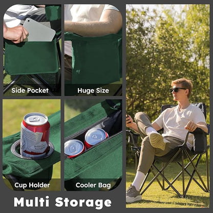 Oversized Camping Chairs 2 Pack - 450lbs Support Heavy Duty Folding Camp Chair Wide Portable Outside Collapsible Chairs with Carry Bag,Cooler,Cup Holder for Outdoor,Lawn,Sports,Baseball,Soccer-Green