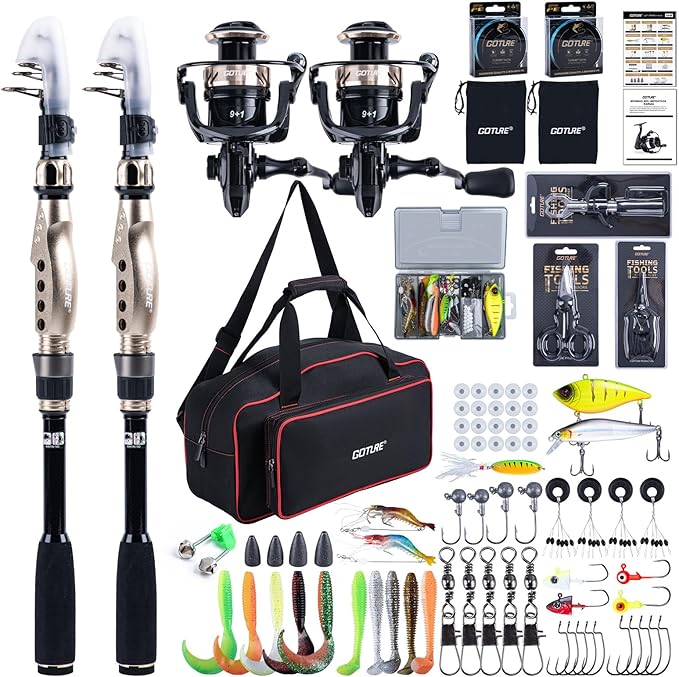 Goture Fishing Rod and Reel Combo - Carbon Fiber Telescopic Fishing Pole - Spinning Reel 9+1 Shielded Bearings Stainless Steel BB - E