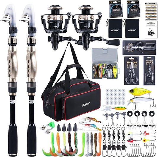 Goture Fishing Rod and Reel Combo - Carbon Fiber Telescopic Fishing Pole - Spinning Reel 9+1 Shielded Bearings Stainless Steel BB - E
