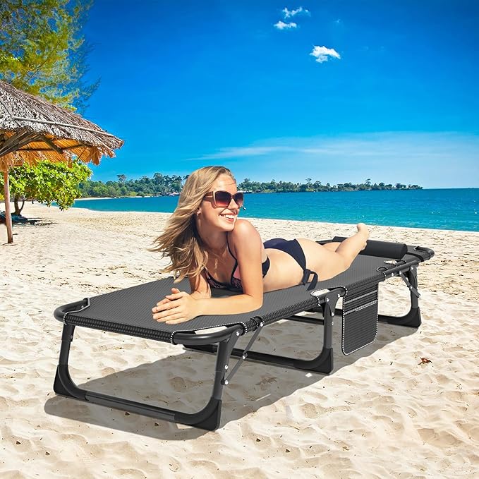 DoCred Heavy Duty Chaise Lounge Chair, Adjustable 5-Position Folding Chaise Lounge Chairs for Outside, Portable Lay Flat Beach Lounge Chair for Outdoor Sunbathing Beach Pool Lawn Camping