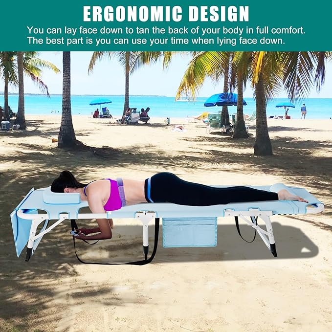 DoCred Heavy Duty Tanning Chair with Face Hole, Adjustable 5-Position Folding Chaise Lounge Chairs for Outside, Portable Lay Flat Beach Lounge Chair for Outdoor Sunbathing Beach Pool Lawn Camping