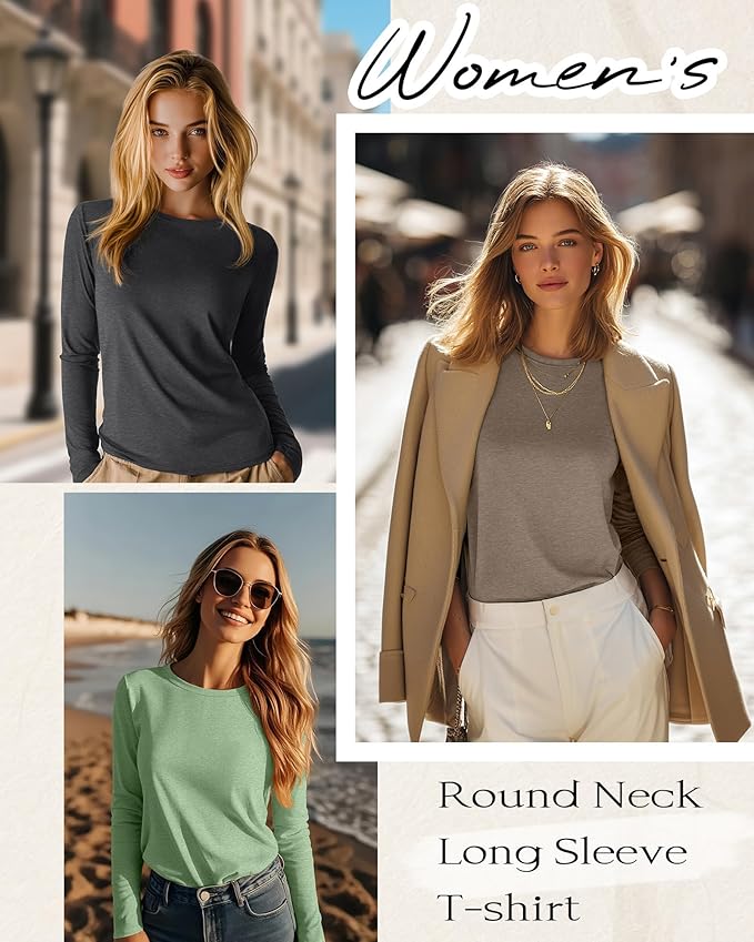 Huukeay 5 Pack Women's Crew Neck Long Sleeve Shirts, Cotton Blend Casual Clothes Workout Basic Layering Tee Tops Multipack