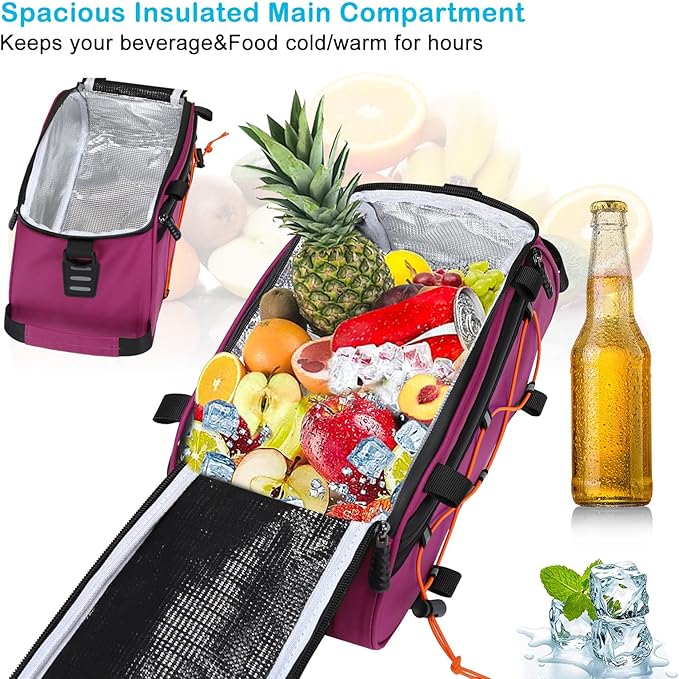 MOSISO Bike Rack Bag with 2 Removable Panniers, Waterproof Bike Trunk Cooler Storage Handbag Insulated Bicycle Rear Seat Pouch, Bicycle Storage Saddle Shoulder Bag Cycling Luggage Pouch, Rose Red