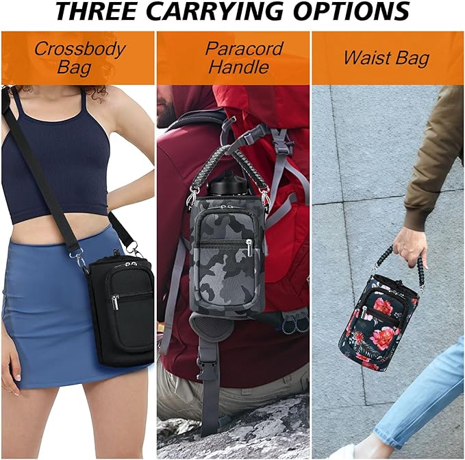 32/40/64/128 oz Neoprene Insulated Water Bottle Carrier Bag, Sling Bag Sleeve Pouch Holder with Strap & Paracord Handle and 2 Pocket for Travelling, Hiking, Camping