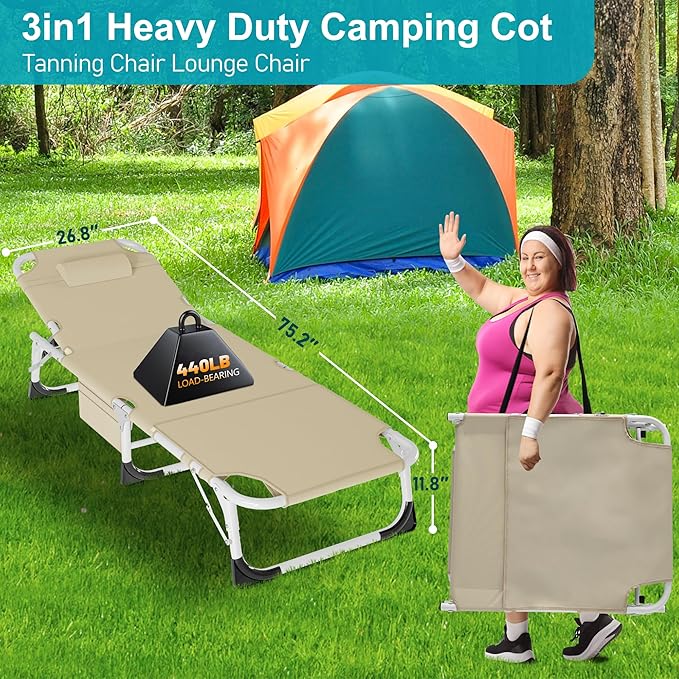 ABORON Folding Camping Cot W/Mat for Adults, Adjustable Heavy Duty Outdoor Bed,1200 D Layer Oxford Travel Camp Cots
