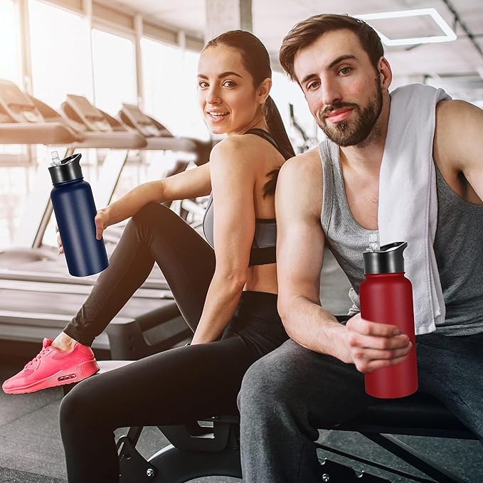 VEGOND 32 oz Insulated Water Bottle Bulk Stainless Steel Metal Water Bottles with Leak Proof Straw Lid & Spout Lid, Wide Mouth Double Walled Vacuum Travel Sports Bottle, Red 8 Pack