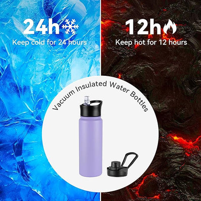24oz Insulated Water Bottle with Straw Lid, Stainless Steel Metal Water Bottle with Straw & Wide Mouth Lid, Double Wall Vacuum Water Bottle for Hiking Camping, Lavender 1 Pack