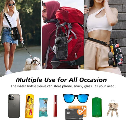 32/40/64/87/128 oz Water Bottle Carrier Bag, Neoprene Water Bottle Sleeve with 4 Pocket, Sport Water Holder with Paracord Handle and Shoulder Strap for Walking Hiking Camping Gym