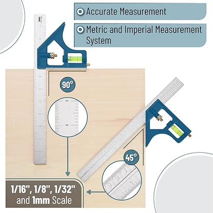Mr. Pen- Combination Square Set, 12", Blue, Combo Square, Carpentry Tools, Carpenter Square, Woodworking Tools and Accessories, T Ruler