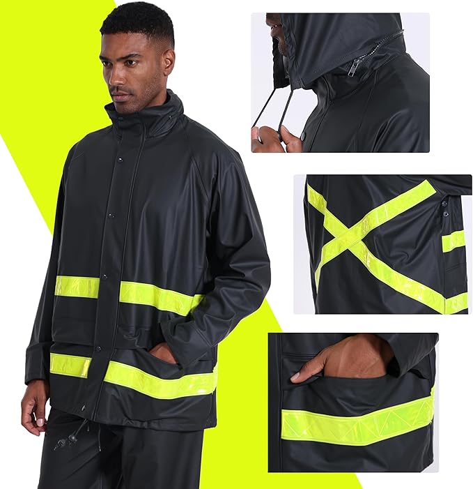 Hi-Vis Rain Jacket for Men – Waterproof Work Safety Coat with Reflective Strips, EN 343 Certified, Durable PU