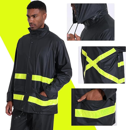 Hi-Vis Rain Jacket for Men – Waterproof Work Safety Coat with Reflective Strips, EN 343 Certified, Durable PU