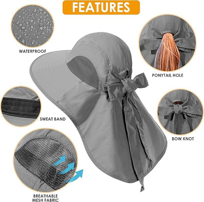 Womens Sun Hat UV Protection, Foldable Waterproof Wide Brim Bucket Hats with Neck Flap for Summer Beach Fishing Hiking