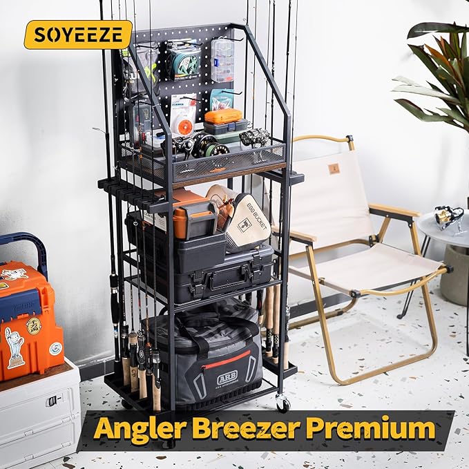 SOYEEZE Fishing Rod Holders for Garage, 3-Tier Fishing Pole Rack with Pegboard and Metal Mesh Fence, Fishing Gear Organizer with Hooks Up to 12 Rods, Rolling Fishing Storage Cart with Lockable Wheels