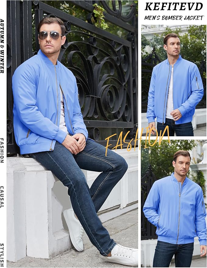 KEFITEVD Men's Jacket Casual Windproof Bomber Jackets Full Zip Windbreaker Warm Winter Padded Coats