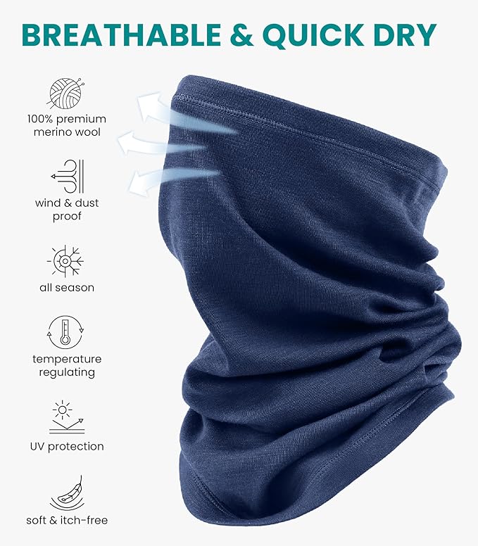 Merino.tech Merino Wool Ski Neck Gaiter - Face Mask Neck Warmer for Men & Women