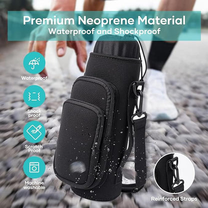 linmaya Water Bottle Carrier Bag, Insulated Water Bottle Bag Fits Stanley IceFlow Owala 16/24/32/40oz Tumbler, Water Bottle Holder with Shoulder Hand Straps, 2 Pockets for Travel, Hiking, Camping