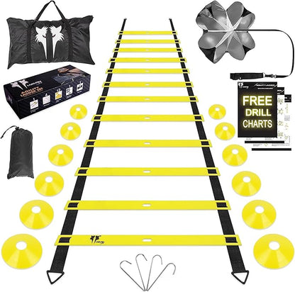 20ft Sports Agility Ladder for Men Women and Kids, Speed Youth Soccer Agility Training Equipment for Football, Exercise, Tennis, Legs Workout with Speed Parachute and Carry Bag