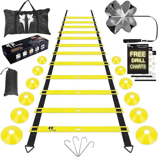 20ft Sports Agility Ladder for Men Women and Kids, Speed Youth Soccer Agility Training Equipment for Football, Exercise, Tennis, Legs Workout with Speed Parachute and Carry Bag
