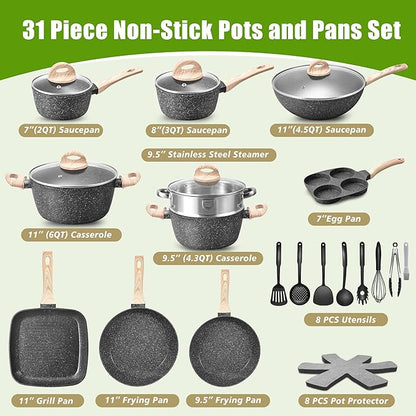 VOTTGO 31 Pcs Pots and Pans Set Non Stick, Black Granite Induction Cookware Set, Non Toxic Healthy RV Kitchen Cooking Set with Silicone Tools and Pot Protectors, PFOA PFOS PFAS Free