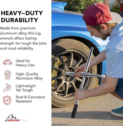 Boulder Tools 23 inch 4 Way Lug Wrench - Universal Telescopic Tire Removal Tool for Car and Truck - Portable Heavy Duty Tire Changing Tool for 19 mm and 21 mm Nuts - Durable Silver Aluminum Alloy