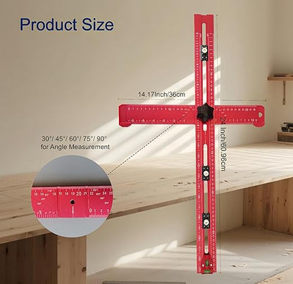 5-in-1 T Square Ruler 24 Inch, Multifunctional Drilling Positioning Ruler for Precision Hole Punching, Cabinet Hardware Jig, Adjustable Angle Ruler for Angle Measurement, Metric & Imperial