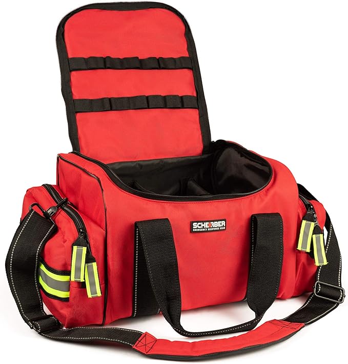 Scherber First Responder Fully-Stocked Large Professional Essentials EMT/EMS Trauma Kit | HSA/FSA Approved | Reflective Bag w/8 Zippered Pockets & Compartments & 250+ First Aid Supplies (Red)