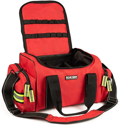 Scherber First Responder Fully-Stocked Large Professional Essentials EMT/EMS Trauma Kit | HSA/FSA Approved | Reflective Bag w/8 Zippered Pockets & Compartments & 250+ First Aid Supplies (Red)