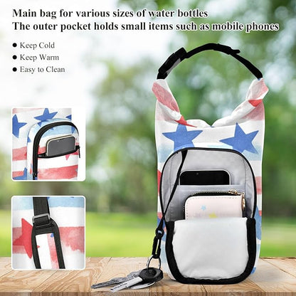July 4th Stripes Stars White Water Bottle Holder with Strap Insulated Water Bottle Carrier Crossbody Bags Pouch with Phone Pocket for Travel Gym Hiking Walking Running