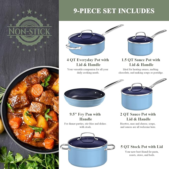 Nuwave 9pc Cookware Set Healthy Duralon Blue Ceramic Nonstick Coated, Diamond Infused Scratch-Resistant, PFAS Free, Oven Safe, Induction Ready & Evenly Heats, Tempered Glass Lids & Stay-Cool Handle