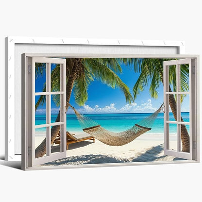ANRUOXI Beach Wall Art, Blue Ocean Canvas Wall Decor, Beach Theme Window Frame Style Prints Blue Sea Painting, White Window Frame Style Seaside Nature Coastal Framed Artwork for Bathroom 32x48 Inch