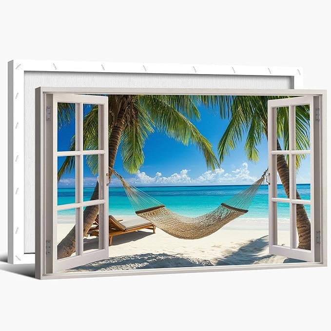 ANRUOXI Beach Wall Art, Blue Ocean Canvas Wall Decor, Beach Theme Window Frame Style Prints Blue Sea Painting, White Window Frame Style Seaside Nature Coastal Framed Artwork for Bathroom 18x24 Inch