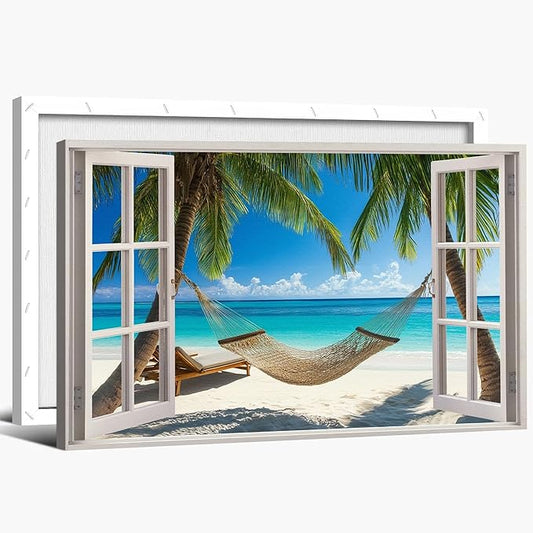 ANRUOXI Beach Wall Art, Blue Ocean Canvas Wall Decor, Beach Theme Window Frame Style Prints Blue Sea Painting, White Window Frame Style Seaside Nature Coastal Framed Artwork for Bathroom 18x24 Inch