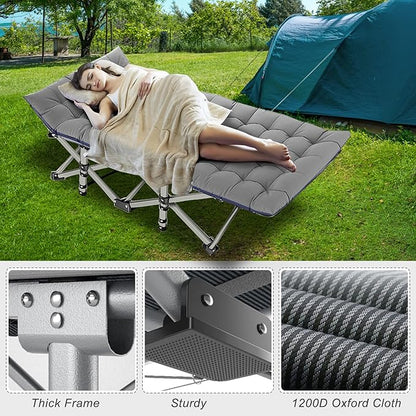ABORON Folding Camping Cot W/Mat for Adults, Heavy Duty Outdoor Bed with Carry Bag,1200 D Layer Oxford Travel Camp Cots