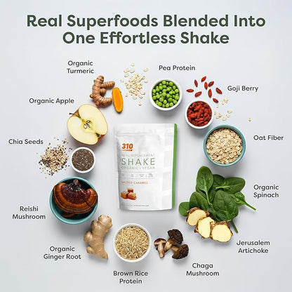 310 Nutrition Organic All-In-One Meal Replacement Shake Powder - Plant-Based Protein Smoothie Blend w/Fiber, Probiotics & Adaptogens - Low Carb, Vegan, Keto & Paleo - Caramel - 14 Servings