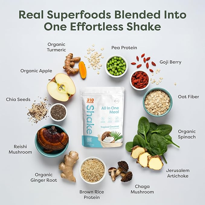 310 Nutrition All-In-One Meal Replacement Shake Powder - Plant-Based Protein Smoothie Blend w/High Fiber, Probiotics & Adaptogens - Low Carb, Vegan, Keto & Paleo Friendly - Tropical Coconut - 28 Srv